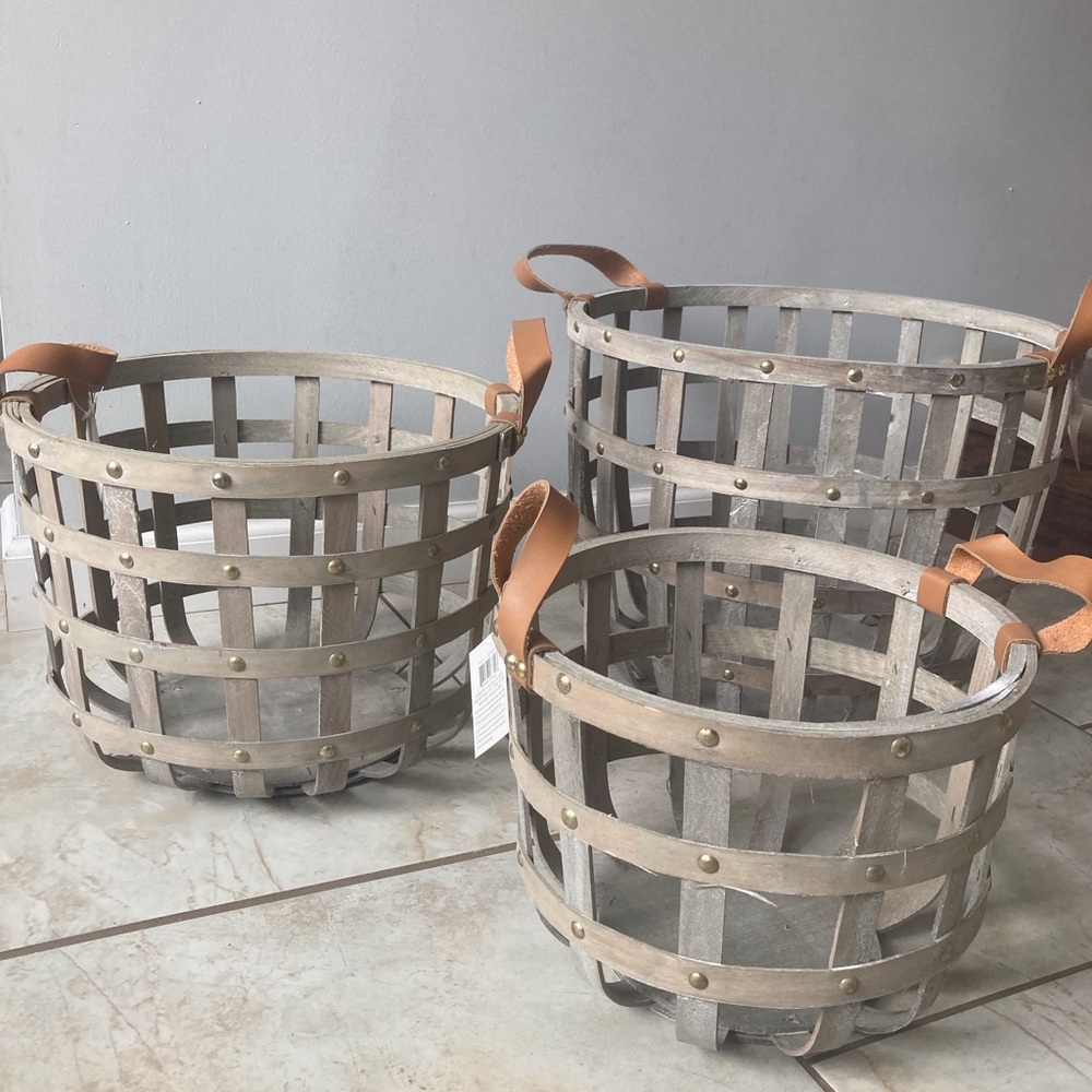 Storage Gray Basket Set with Leather Tan Handles
